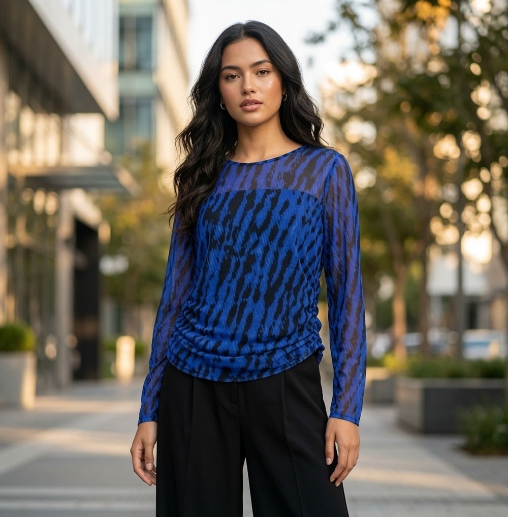 DKNY Women's Mesh Zebra Print Blue Black Long Elastic Rushed Sleeve Top Sz L VG